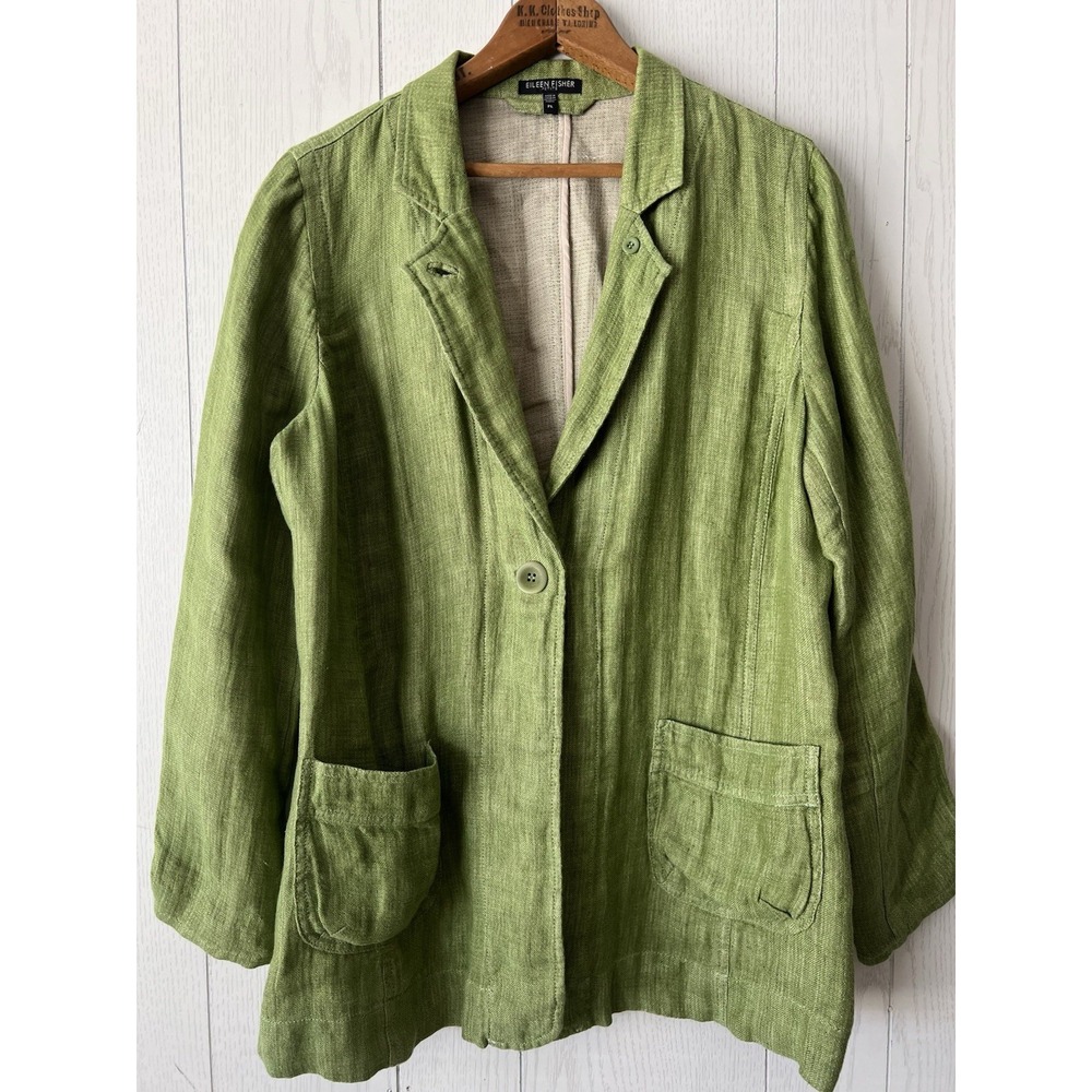 Eileen Fisher Green Blazer LINEN knit Jacket Womens LARGE Petite Woven